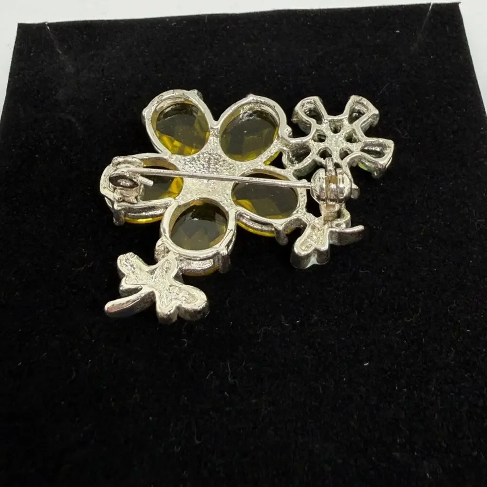 VINTAGE Butterfly Floral Brooch Pink Blue Enamel Green Yellow Crystal Flower Pin